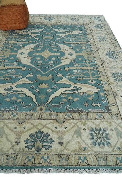 Hand Knotted 8x10 Oriental Oushak Aqua and Beige Wool Area Rug | TRDCP1200810