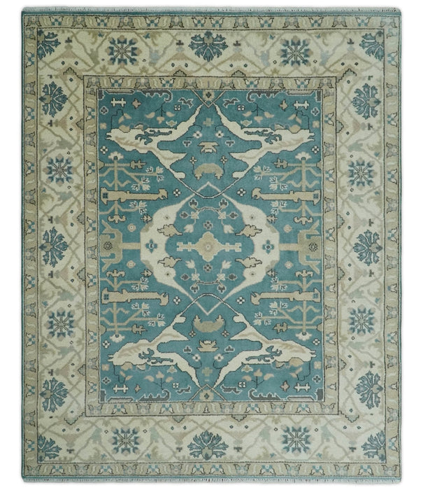 Hand Knotted 8x10 Oriental Oushak Aqua and Beige Wool Area Rug | TRDCP1200810