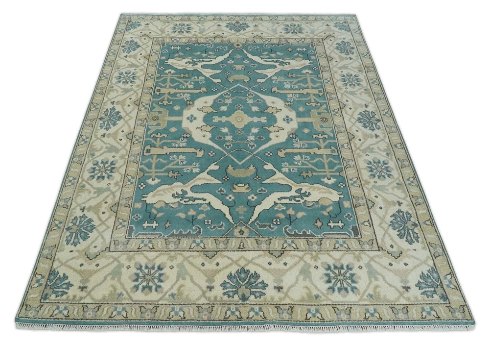 Hand Knotted 8x10 Oriental Oushak Aqua and Beige Wool Area Rug | TRDCP1200810