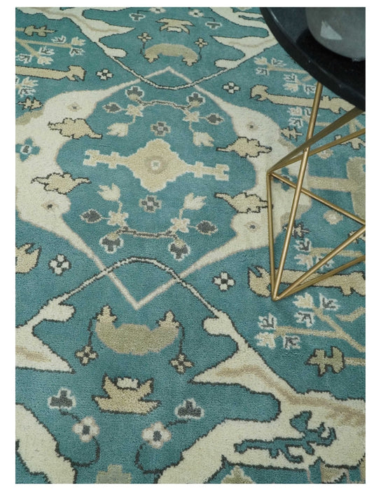 Hand Knotted 8x10 Oriental Oushak Aqua and Beige Wool Area Rug | TRDCP1200810