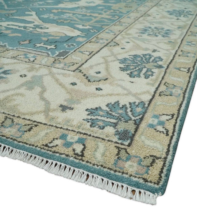 Hand Knotted 8x10 Oriental Oushak Aqua and Beige Wool Area Rug | TRDCP1200810