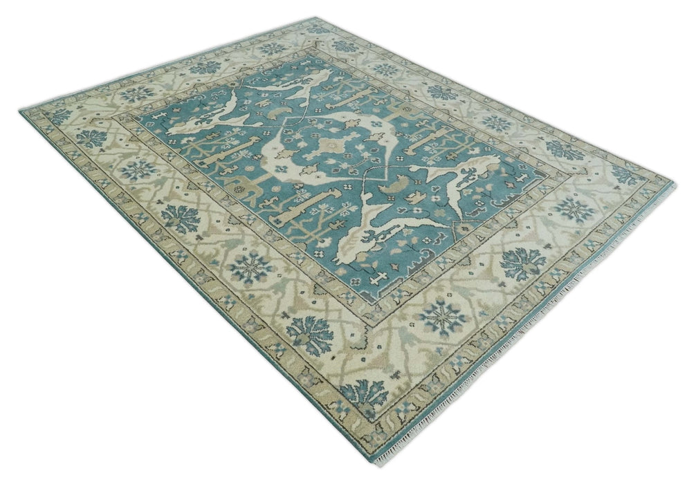 Hand Knotted 8x10 Oriental Oushak Aqua and Beige Wool Area Rug | TRDCP1200810