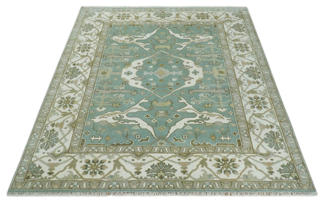 Hand Knotted 8x10 Oriental Oushak Aqua, Ivory and Silver Wool Area Rug | TRDCP1180810