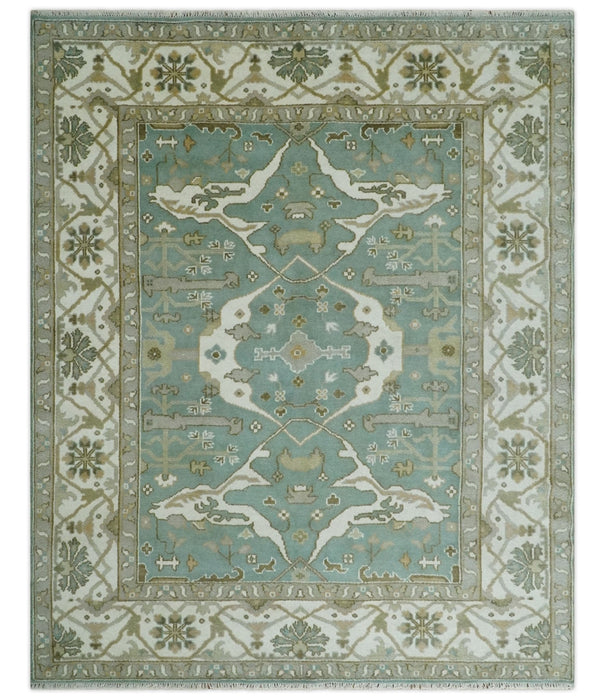 Hand Knotted 8x10 Oriental Oushak Aqua, Ivory and Silver Wool Area Rug | TRDCP1180810