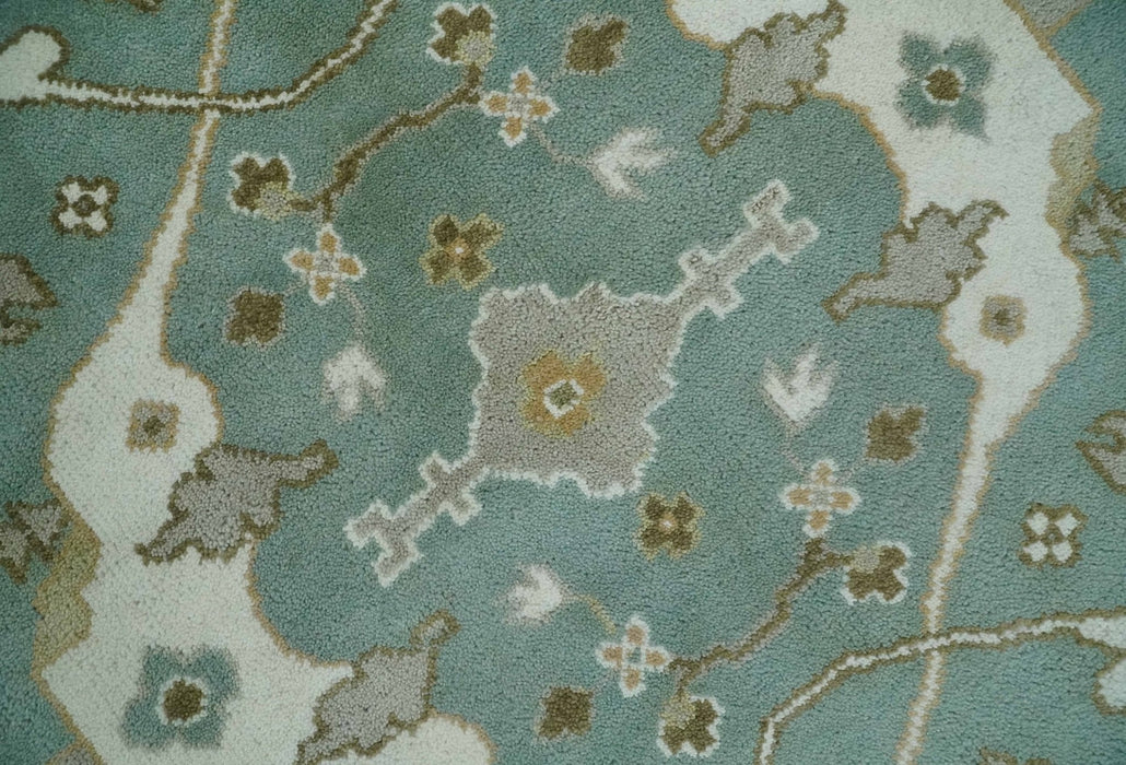 Hand Knotted 8x10 Oriental Oushak Aqua, Ivory and Silver Wool Area Rug | TRDCP1180810