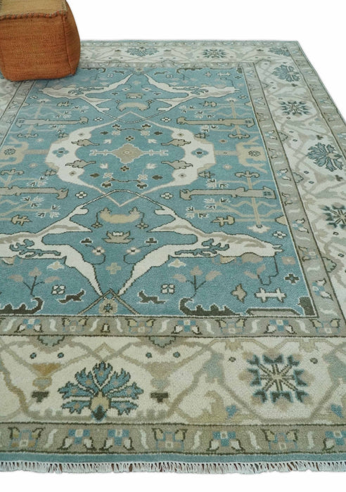 Hand Knotted 8x10 Oriental Oushak Aqua, Ivory and Silver Wool Area Rug | TRDCP1199810