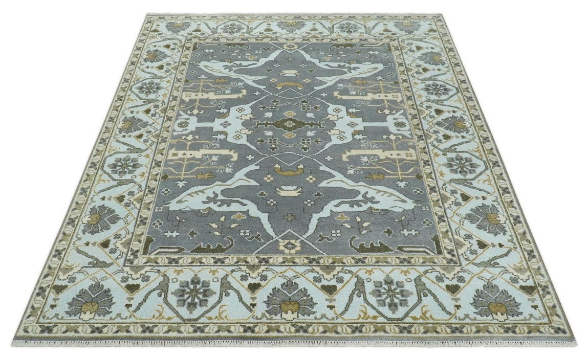Hand Knotted 8x10 Oriental Oushak Charcoal, Aqua and Beige Wool Area Rug | TRDCP1184810