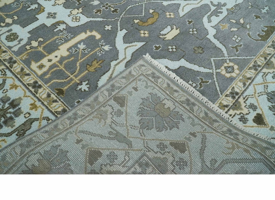 Hand Knotted 8x10 Oriental Oushak Charcoal, Aqua and Beige Wool Area Rug | TRDCP1184810