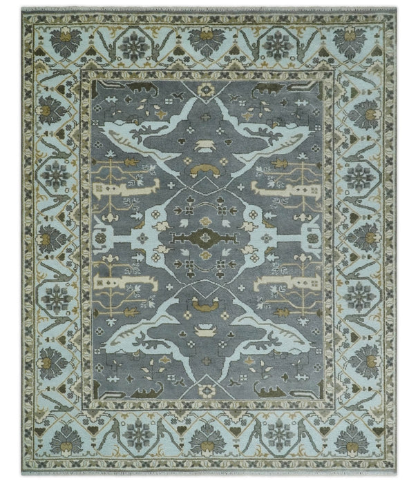 Hand Knotted 8x10 Oriental Oushak Charcoal, Aqua and Beige Wool Area Rug | TRDCP1184810