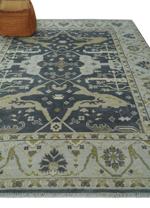 Hand Knotted 8x10 Oriental Oushak Charcoal, Ivory and Beige Wool Area Rug