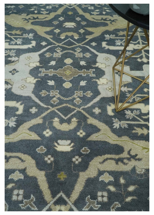 Hand Knotted 8x10 Oriental Oushak Charcoal, Ivory and Beige Wool Area Rug