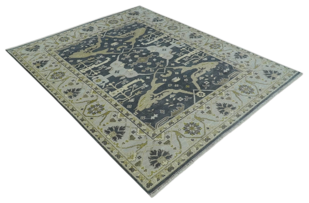Hand Knotted 8x10 Oriental Oushak Charcoal, Ivory and Beige Wool Area Rug