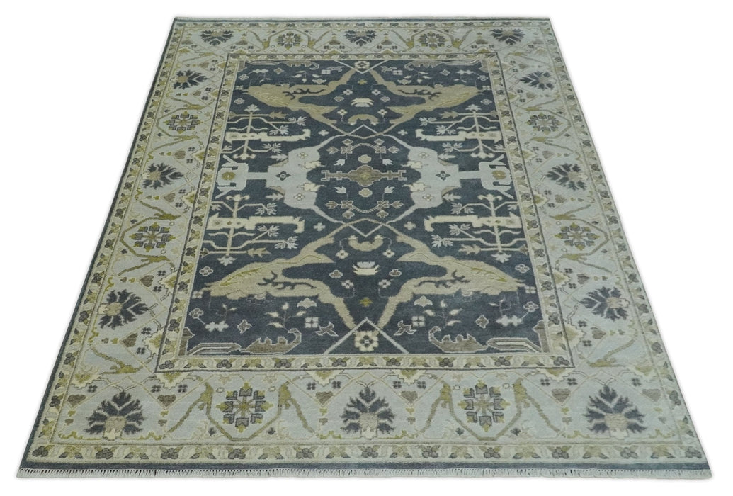 Hand Knotted 8x10 Oriental Oushak Charcoal, Ivory and Beige Wool Area Rug