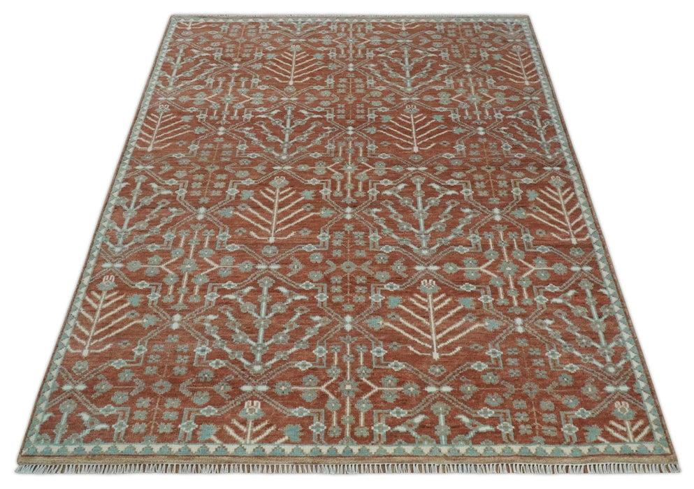 Hand knotted 8x10 Rust and Aqua Floral wool Area Rug