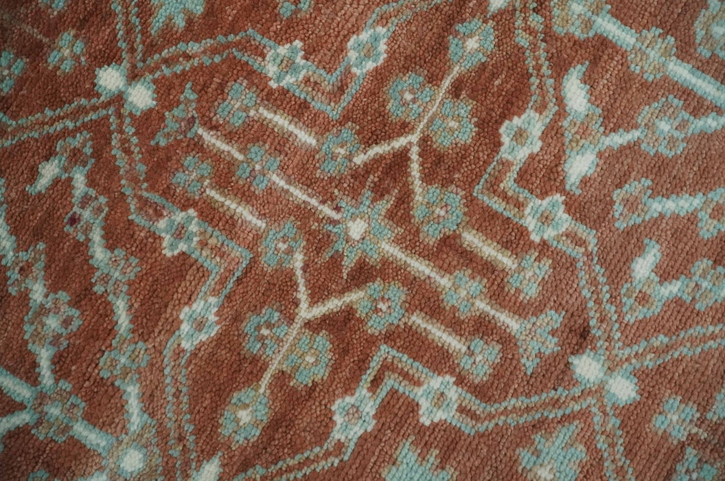Hand knotted 8x10 Rust and Aqua Floral wool Area Rug