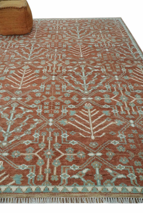 Hand knotted 8x10 Rust and Aqua Floral wool Area Rug