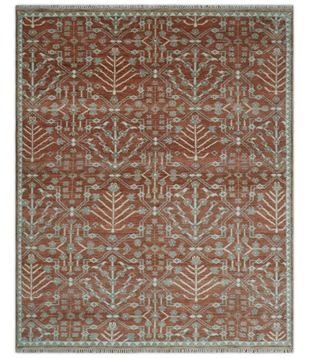 Hand knotted 8x10 Rust and Aqua Floral wool Area Rug