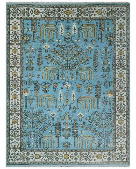 Hand Knotted 9x12 Aqua, Ivory and Beige Traditional Turkish Design Wool Rug
