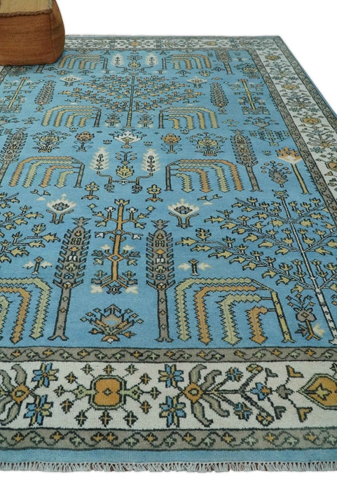 Hand Knotted 9x12 Aqua, Ivory and Beige Traditional Turkish Design Wool Rug