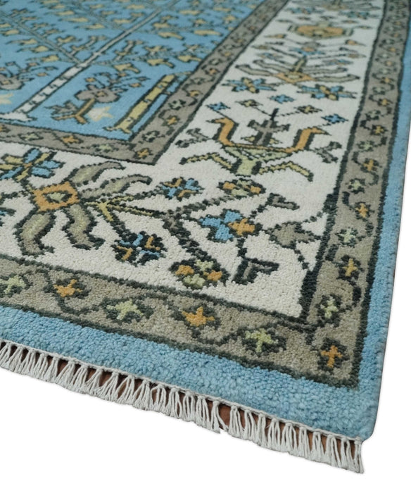 Hand Knotted 9x12 Aqua, Ivory and Beige Traditional Turkish Design Wool Rug