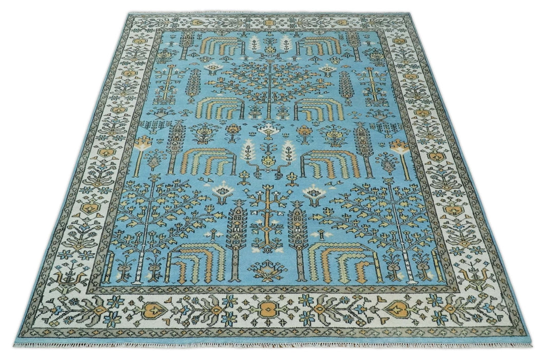 Hand Knotted 9x12 Aqua, Ivory and Beige Traditional Turkish Design Wool Rug