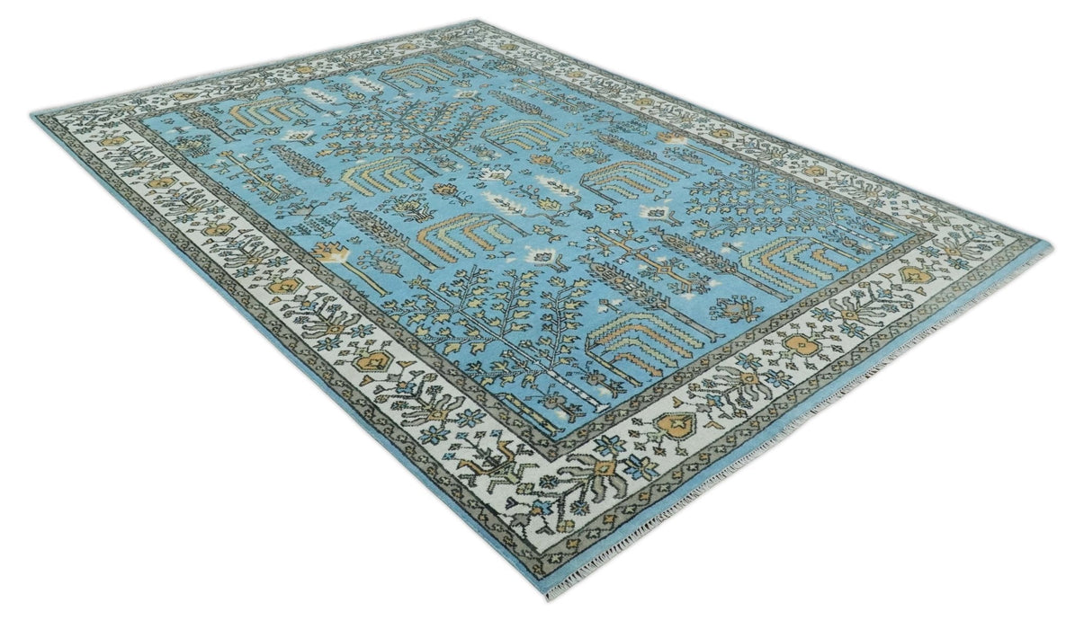 Hand Knotted 9x12 Aqua, Ivory and Beige Traditional Turkish Design Wool Rug
