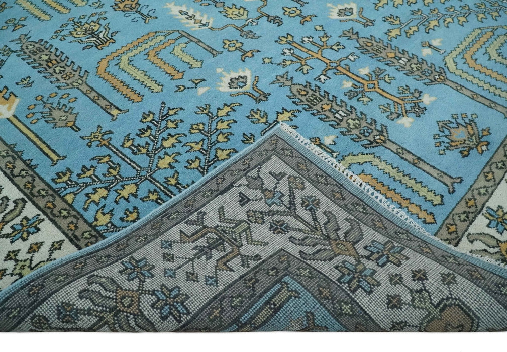 Hand Knotted 9x12 Aqua, Ivory and Beige Traditional Turkish Design Wool Rug