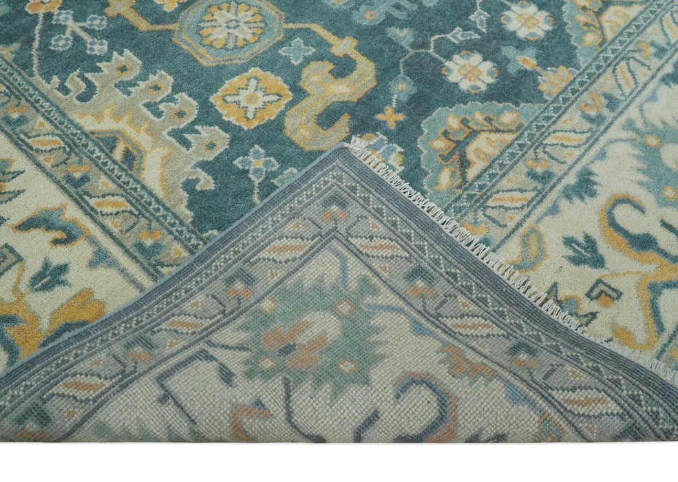 Hand Knotted 9x12 Blue, Ivory and Beige Antique Finish Turkish Style Oushak Wool Area Rug | TRDCP1084912