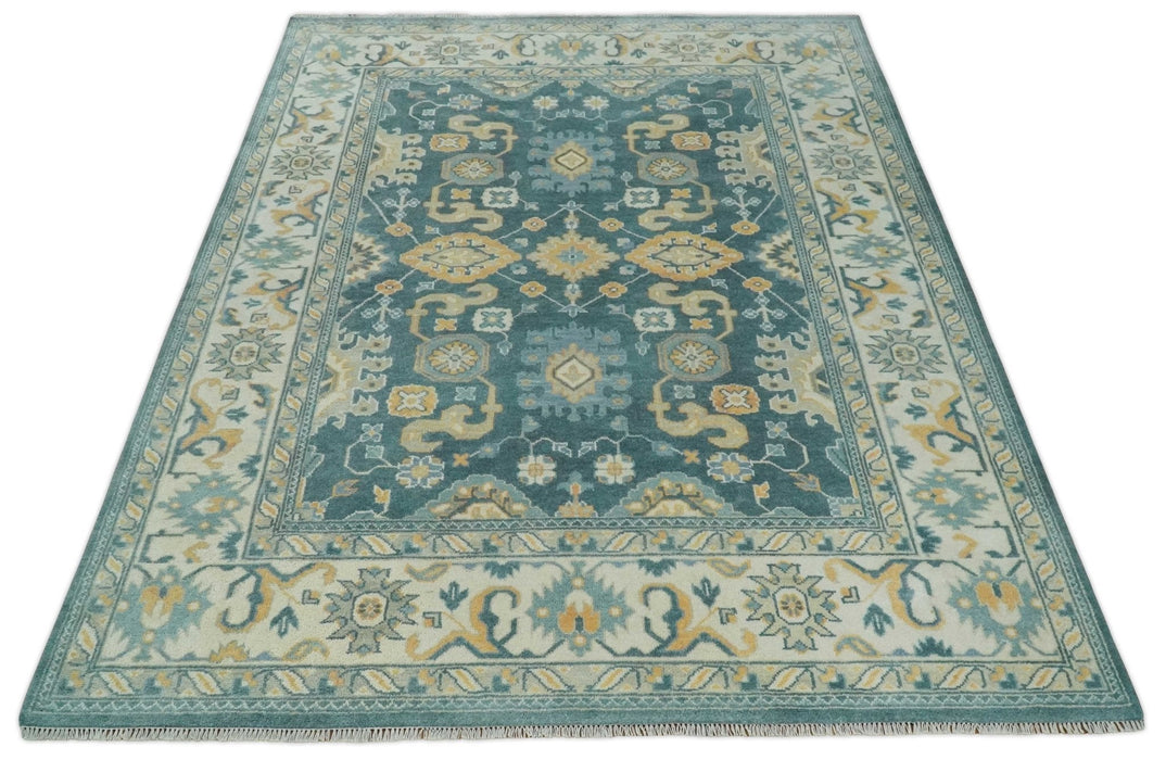 Hand Knotted 9x12 Blue, Ivory and Beige Antique Finish Turkish Style Oushak Wool Area Rug | TRDCP1084912