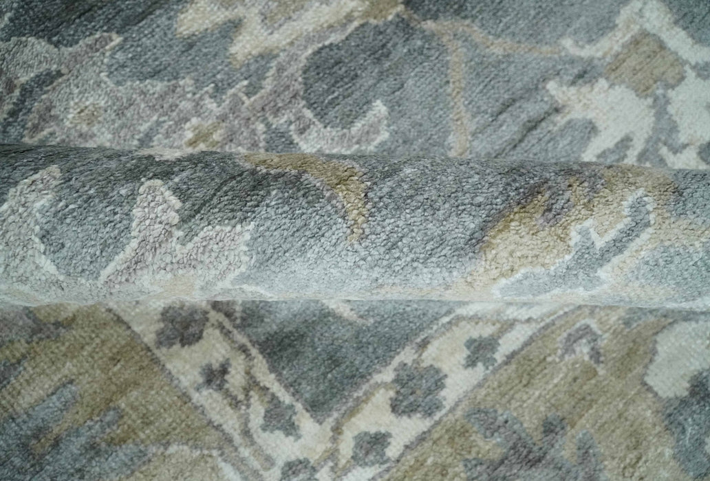 Hand Knotted 9x12 Charcoal, Ivory and Beige Antique Floral Traditional Bamboo Silk Area Rug