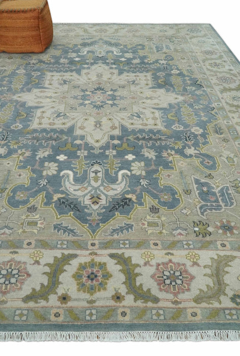 Hand Knotted 9x12 Ivory, Gray, Beige and Olive  Traditional Vintage Heriz Serapi Wool Rug | TRDCP1041912