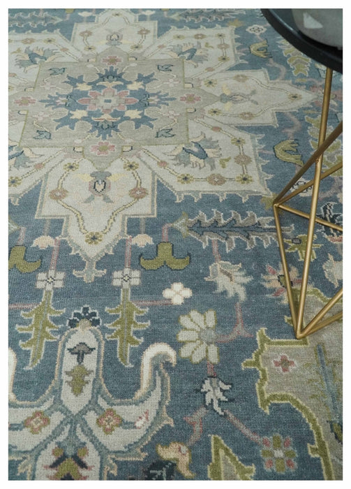 Hand Knotted 9x12 Ivory, Gray, Beige and Olive  Traditional Vintage Heriz Serapi Wool Rug | TRDCP1041912