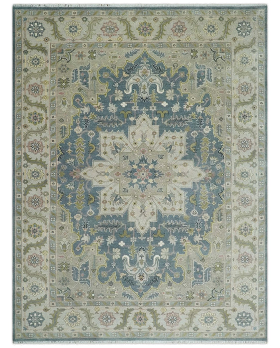 Hand Knotted 9x12 Ivory, Gray, Beige and Olive  Traditional Vintage Heriz Serapi Wool Rug | TRDCP1041912