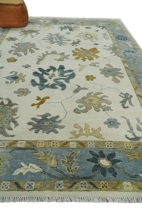 Hand Knotted 9x12 Ivory, Silver and Beige Traditional Style Oushak Wool Rug