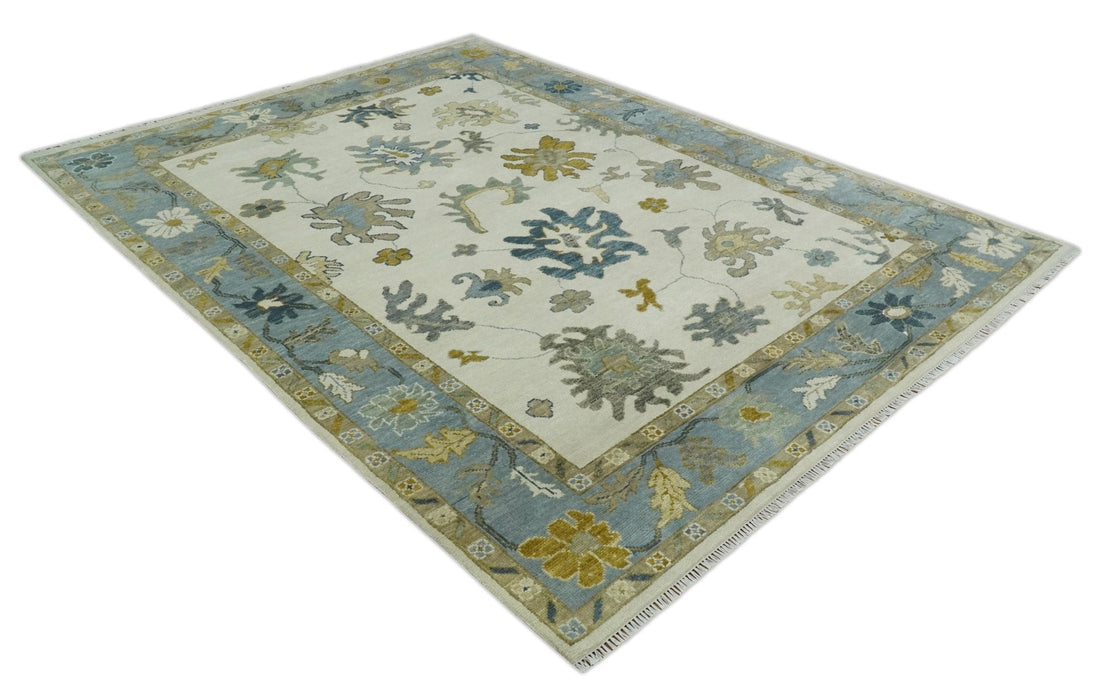 Hand Knotted 9x12 Ivory, Silver and Beige Traditional Style Oushak Wool Rug
