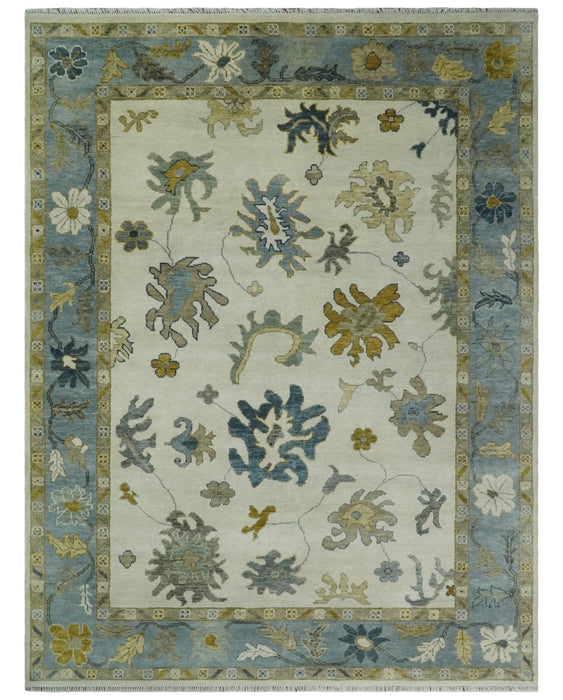 Hand Knotted 9x12 Ivory, Silver and Beige Traditional Style Oushak Wool Rug
