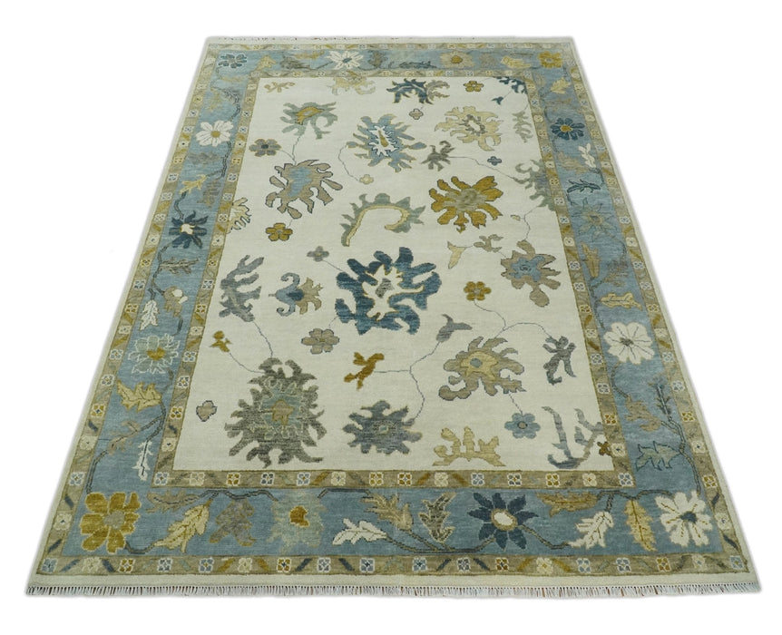 Hand Knotted 9x12 Ivory, Silver and Beige Traditional Style Oushak Wool Rug