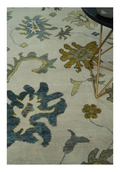 Hand Knotted 9x12 Ivory, Silver and Beige Traditional Style Oushak Wool Rug
