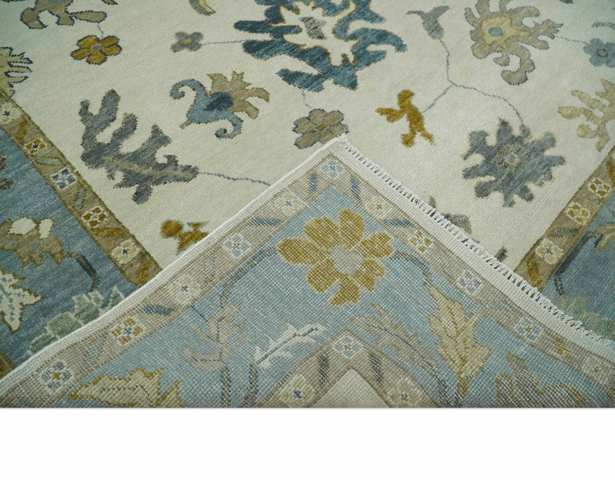 Hand Knotted 9x12 Ivory, Silver and Beige Traditional Style Oushak Wool Rug