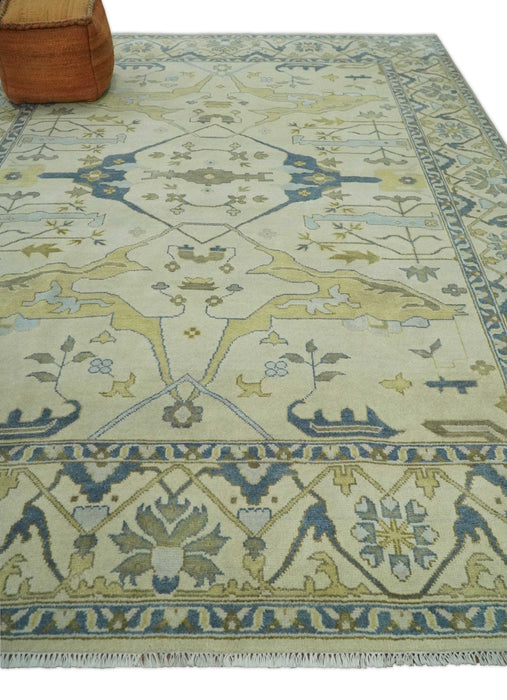 Hand Knotted 9x12 Oriental Oushak Beige and Blue Wool Area Rug, Living Room Rug | TRDCP1093912