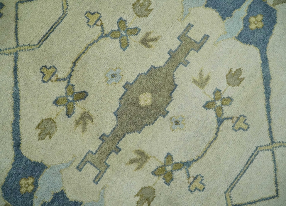 Hand Knotted 9x12 Oriental Oushak Beige and Blue Wool Area Rug, Living Room Rug | TRDCP1093912