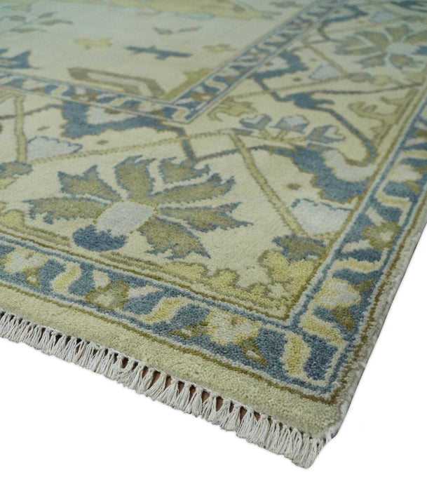 Hand Knotted 9x12 Oriental Oushak Beige and Blue Wool Area Rug, Living Room Rug | TRDCP1093912