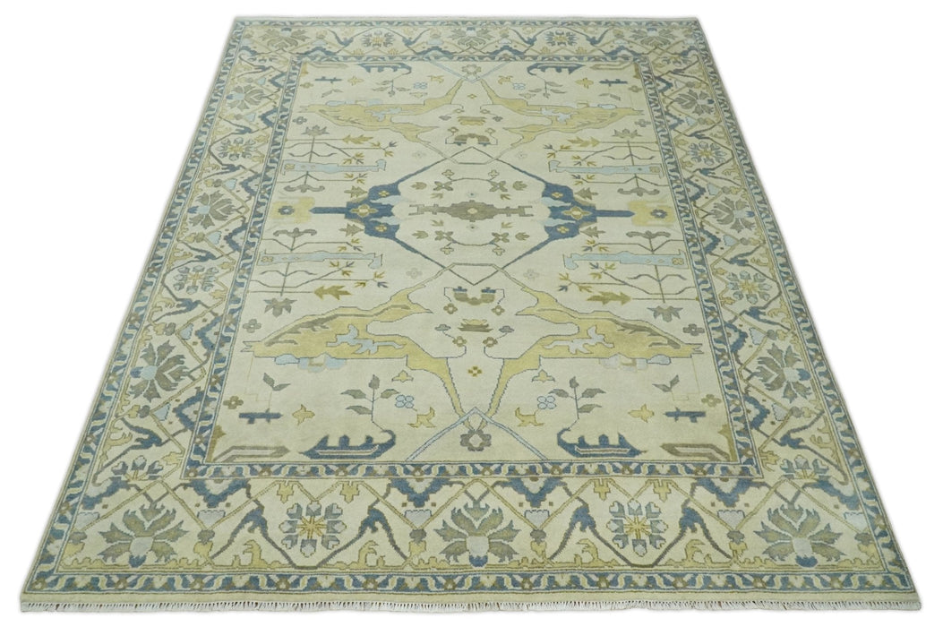 Hand Knotted 9x12 Oriental Oushak Beige and Blue Wool Area Rug, Living Room Rug | TRDCP1093912