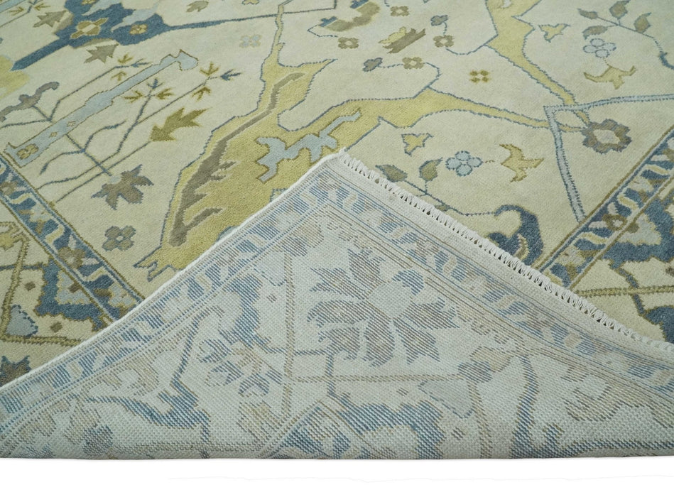 Hand Knotted 9x12 Oriental Oushak Beige and Blue Wool Area Rug, Living Room Rug | TRDCP1093912