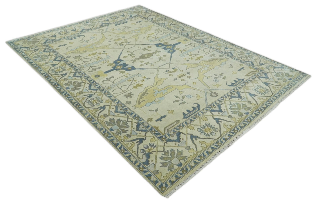 Hand Knotted 9x12 Oriental Oushak Beige and Blue Wool Area Rug, Living Room Rug | TRDCP1093912