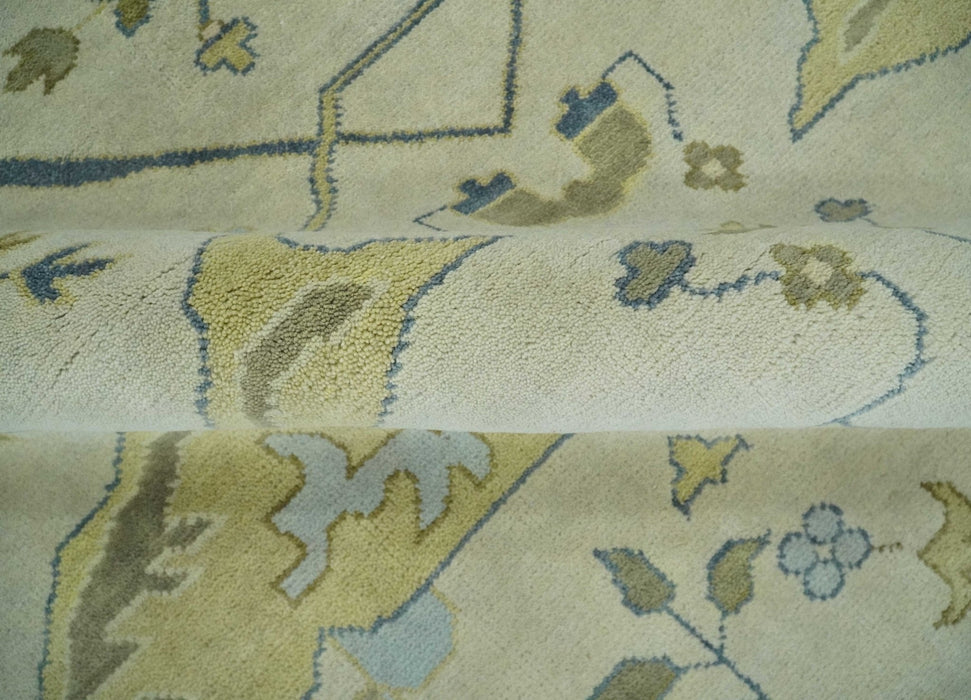 Hand Knotted 9x12 Oriental Oushak Beige and Blue Wool Area Rug, Living Room Rug | TRDCP1093912