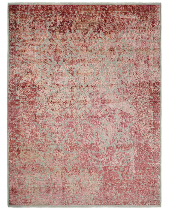 Hand Knotted 9x12 Pink and Silver Modern Persian Abstract Bamboo Silk and Wool Area Rug | TRD2061912