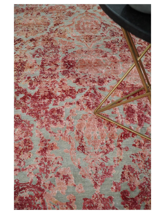 Hand Knotted 9x12 Pink and Silver Modern Persian Abstract Bamboo Silk and Wool Area Rug | TRD2061912
