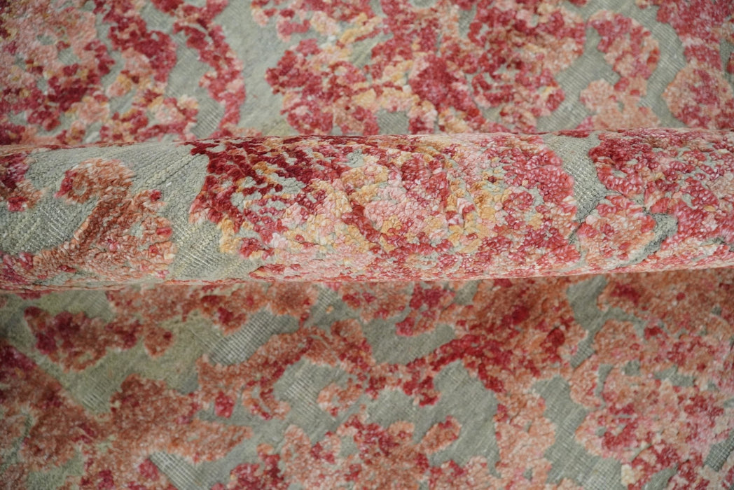 Hand Knotted 9x12 Pink and Silver Modern Persian Abstract Bamboo Silk and Wool Area Rug | TRD2061912