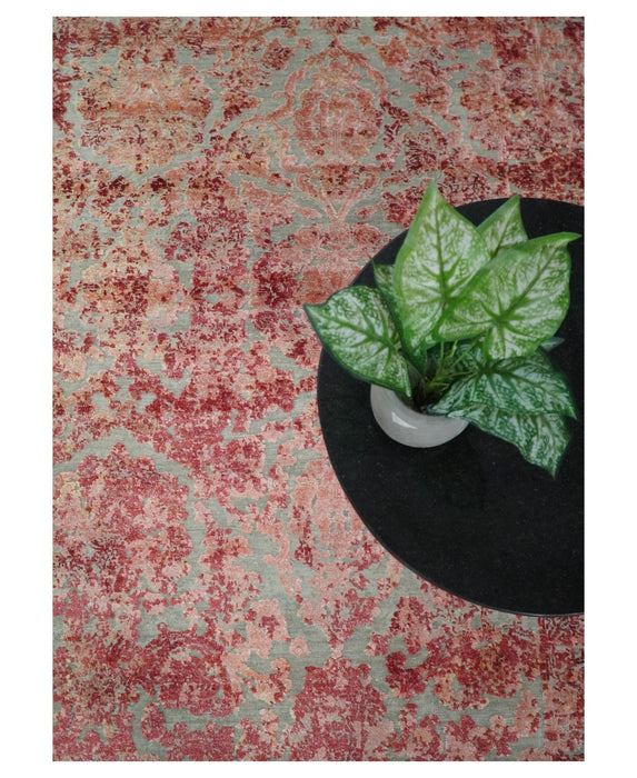 Hand Knotted 9x12 Pink and Silver Modern Persian Abstract Bamboo Silk and Wool Area Rug | TRD2061912